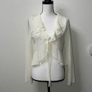 ShopStarlow Sheer Ivory Ruffled Collar Tie-Up Open Front Long Sleeve Top